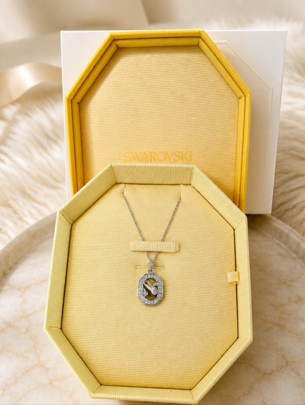 Swarovski Silver Pendant Necklace with Crystal-Studded Frame NWT In Yellow Case